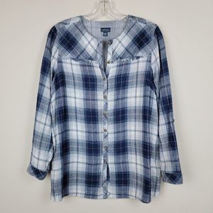 J. Jill Blue White Plaid Crew Neck Button Down Long Sleeves Cotton Shirt Size MP